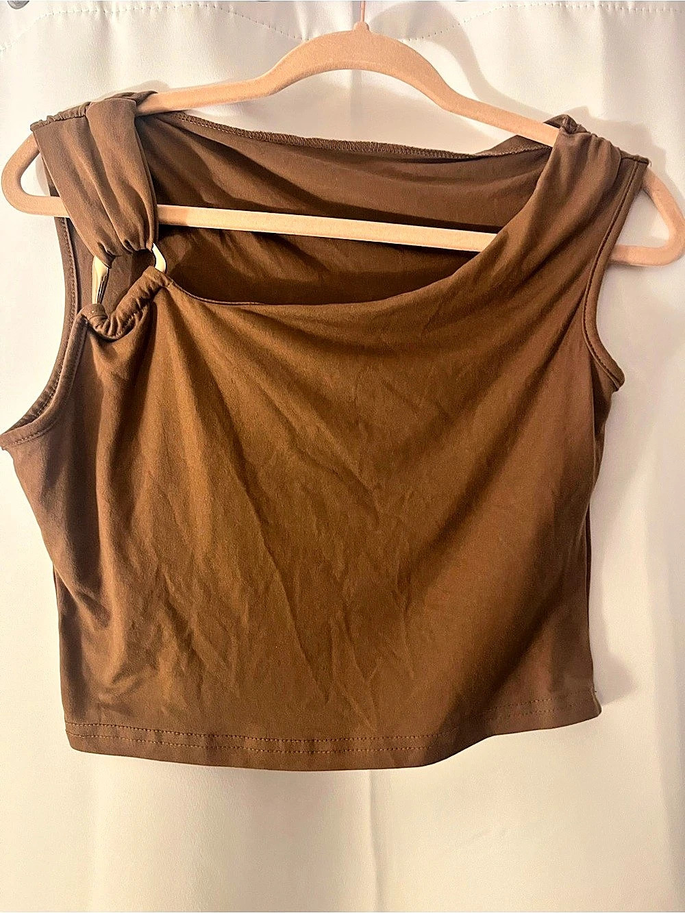 SHEIN Brown Tie-Shoulder Crop Top Size Medium